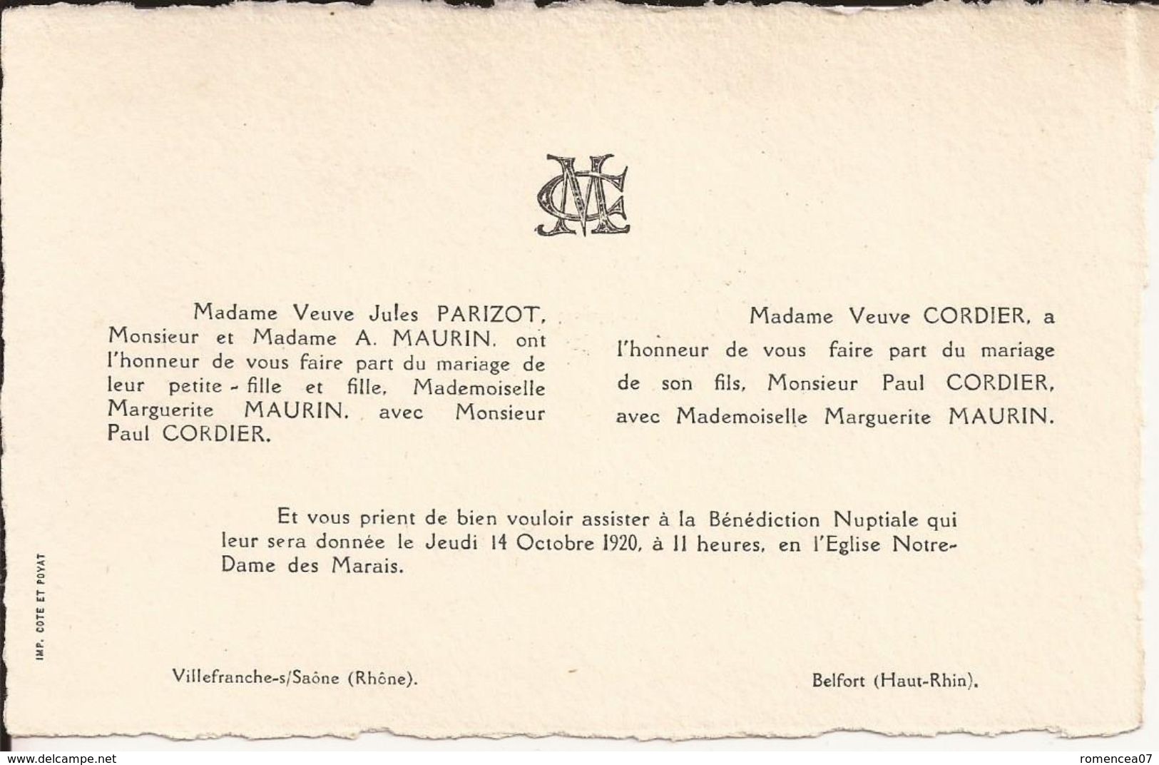 69 VILLEFRANCHE-sur-SAÔNE Et 90 BELFORT - Faire-Part De Mariage Entre Paul CORDIER Et Marguerite MAURIN - 14 Oct 1920 - Mariage