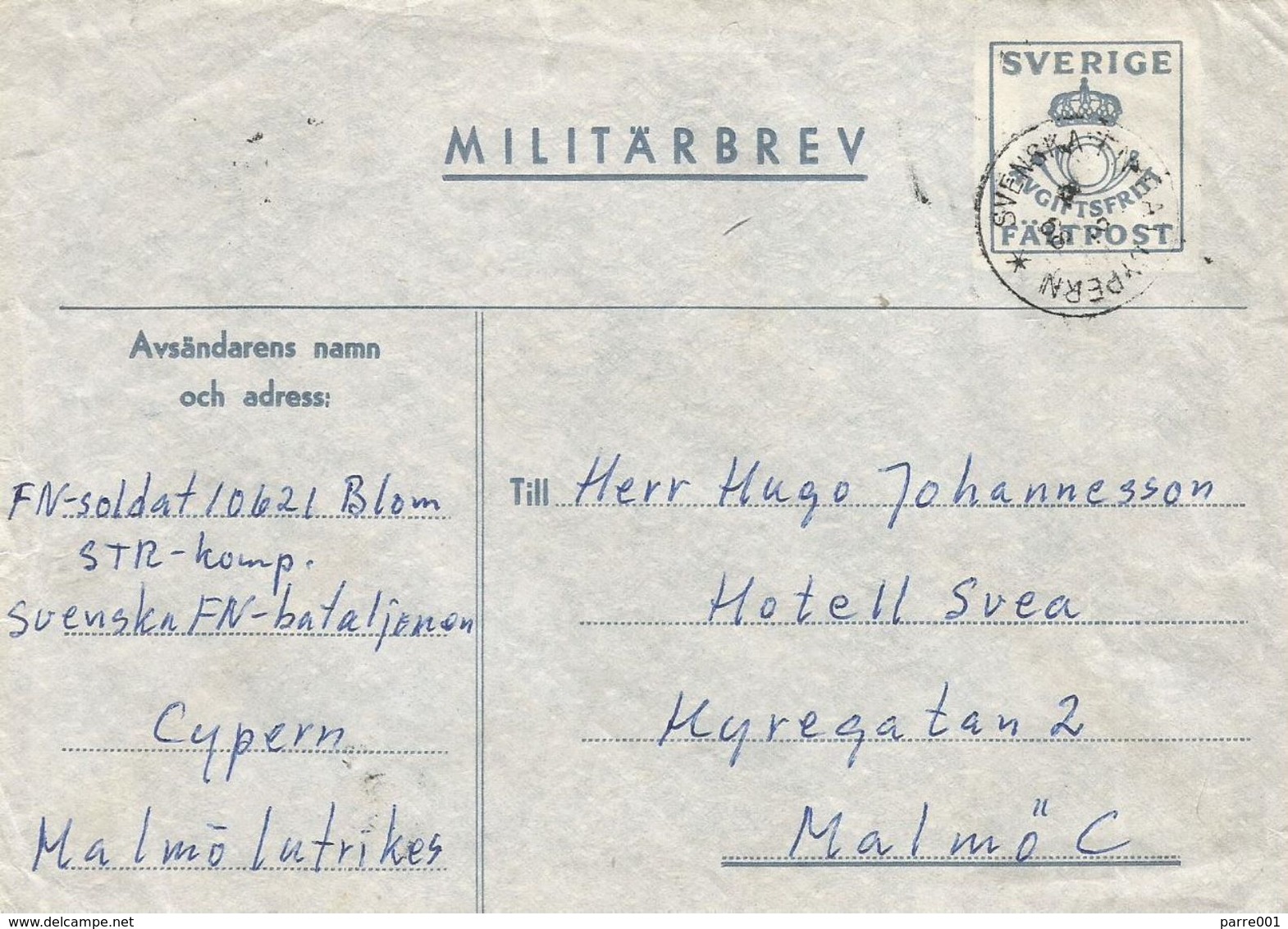 Cyprus 1968 Famagusta Svenka FN Batallion UNFICYP Miltary Postal Stationary Cover - Militaria