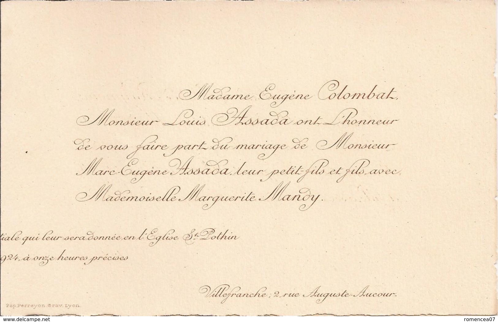 69 LYON Et VILLEFRANCHE-sur-SAÔNE - Faire-Part De Mariage Entre Marc Eugène ASSADA Et Marguerite MANDY - 20 Février 1924 - Boda