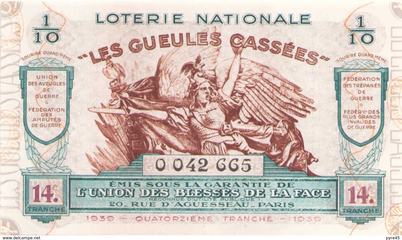 Billet De Loterie Nationale Les Gueules Cassées 1939 - Biglietti Della Lotteria