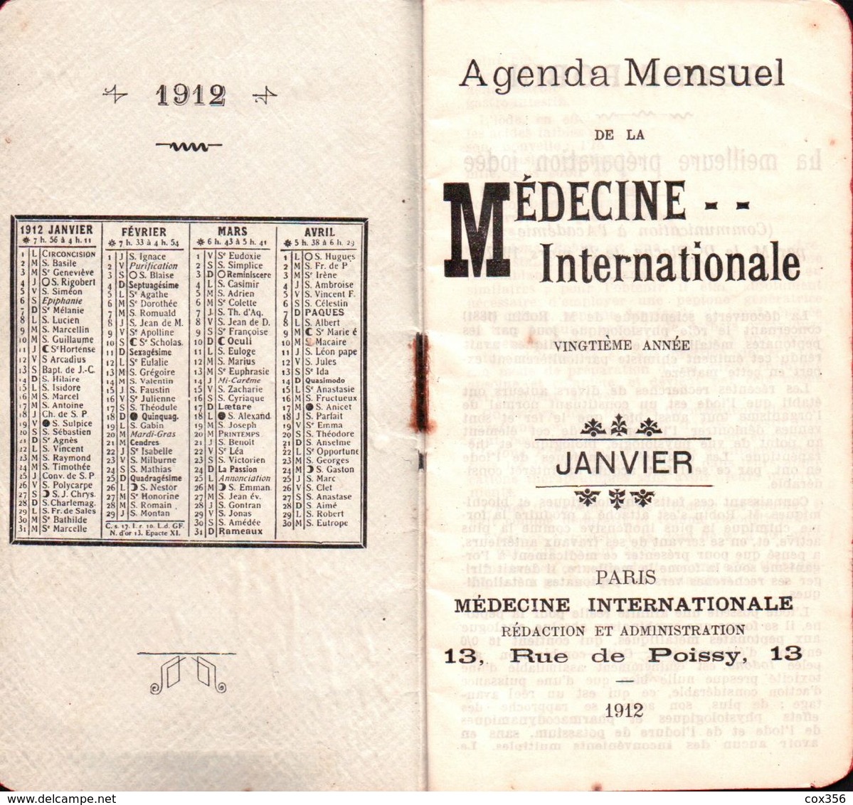 2 AGENDA MENSUEL 1912 De La MÉDECINE INTERNATIONALE , Janvier Et Novembre 1912 - Formato Piccolo : 1901-20