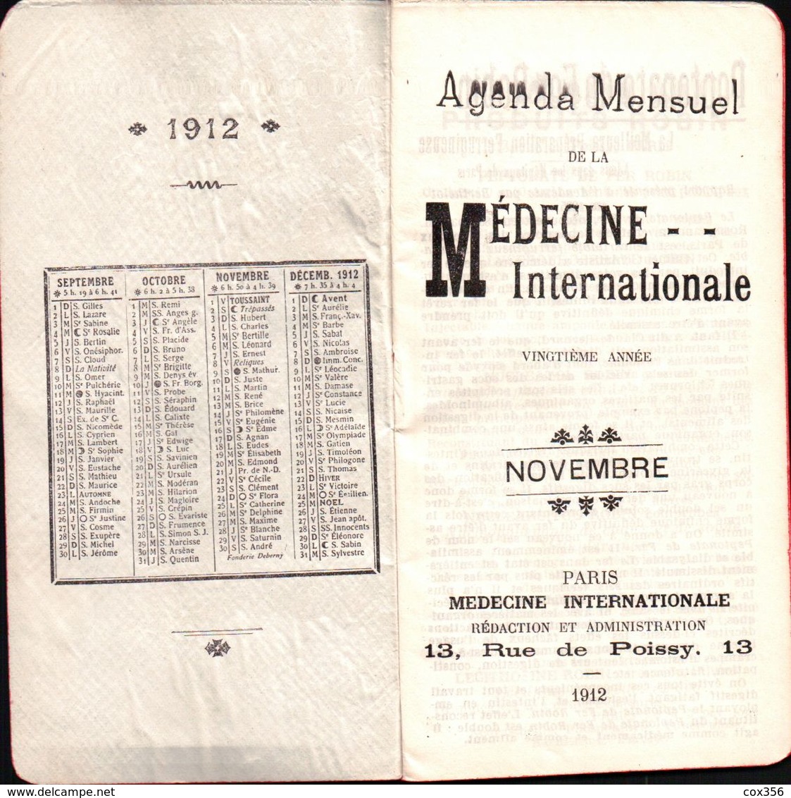 2 AGENDA MENSUEL 1912 De La MÉDECINE INTERNATIONALE , Janvier Et Novembre 1912 - Small : 1901-20