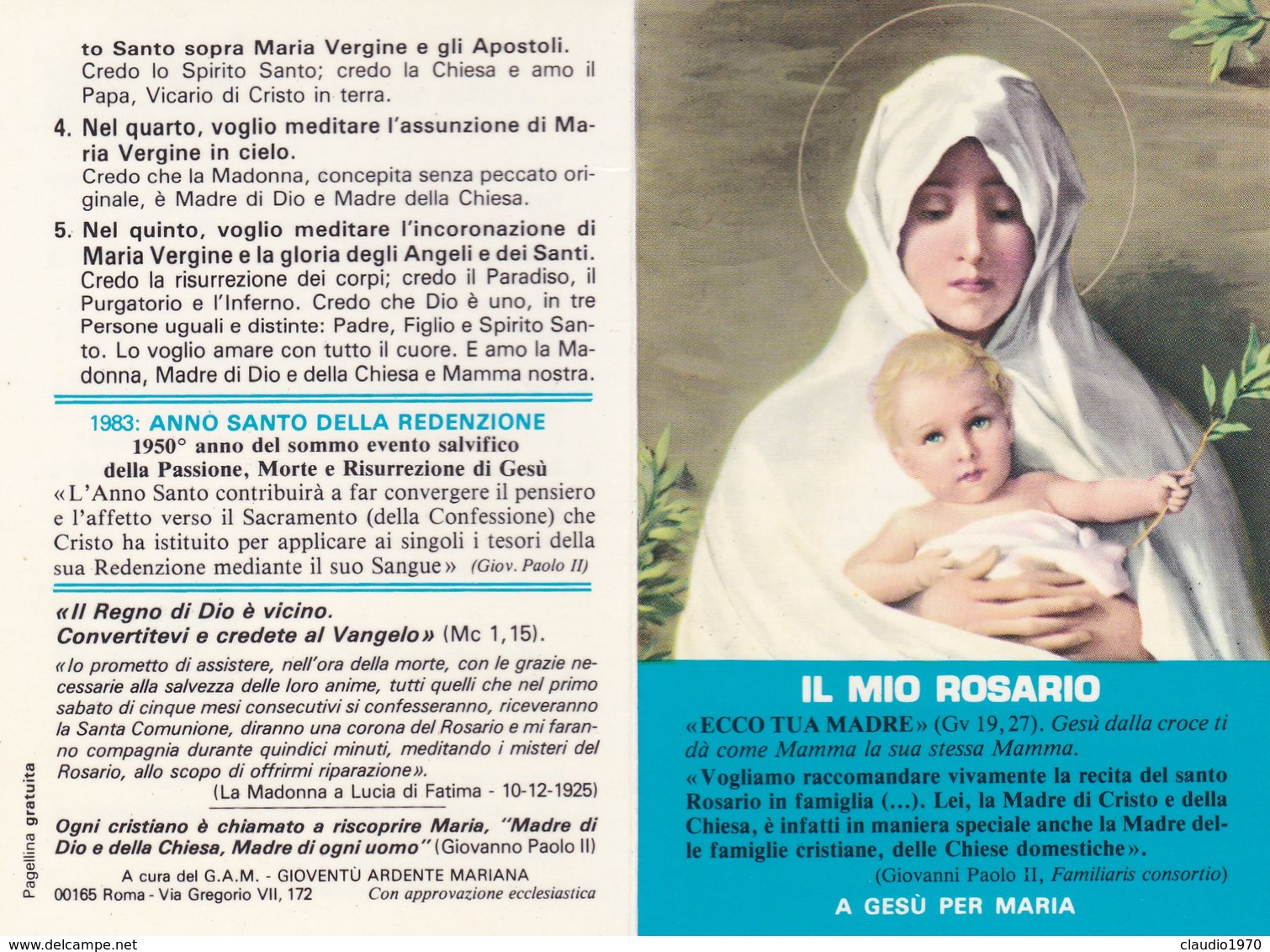 SANTINO PIEGHEVOLE  - IL MIO ROSARIO A GESù PER MARIA - Images Religieuses