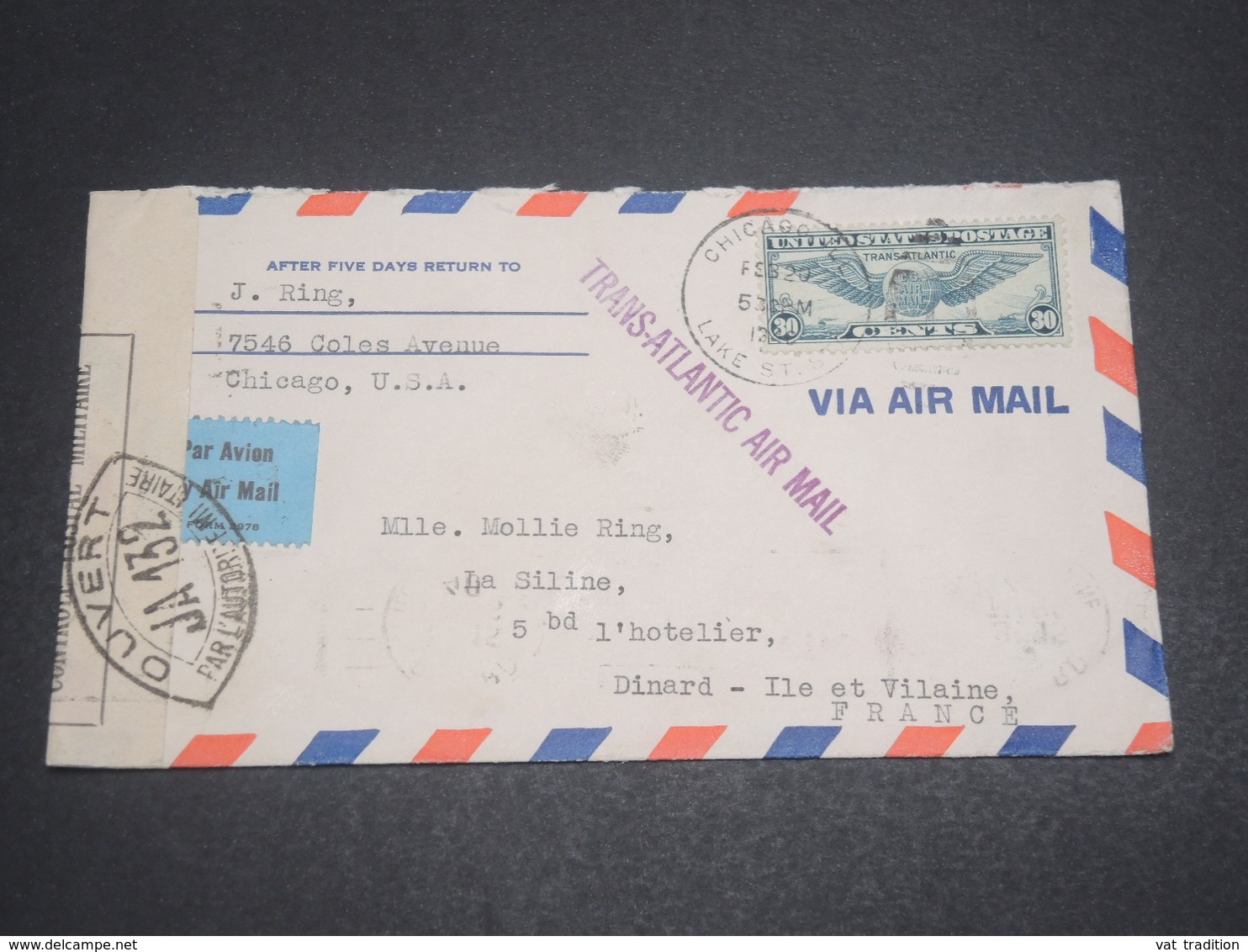ETATS-UNIS - Enveloppe De Chicago Pour La France En 1940 Avec Contrôle Postal - L 12024 - Lettres & Documents