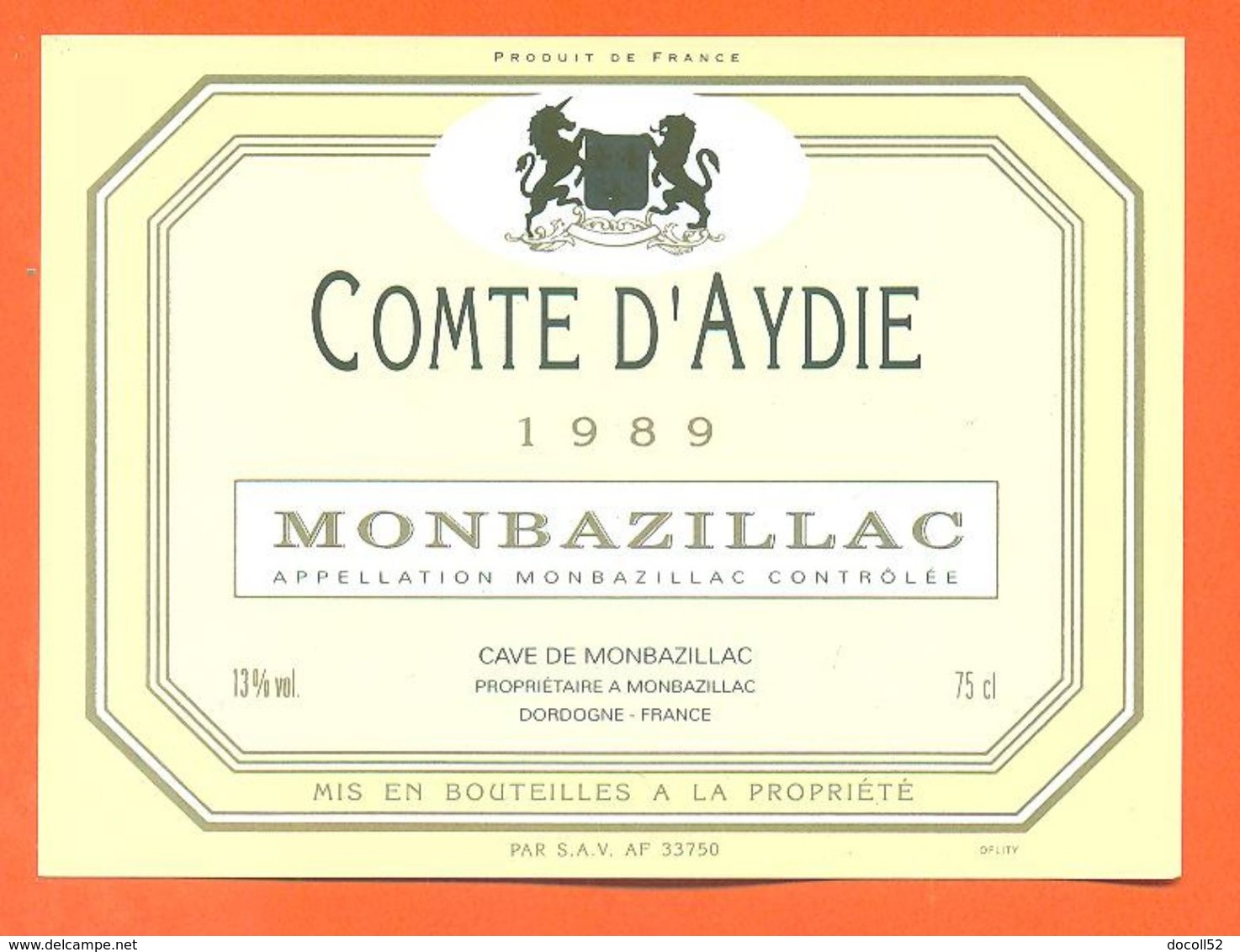 étiquette Vin De Monbazillac Comte D'aydie 1989 Caves à Monbazillac - 75 Cl - Monbazillac