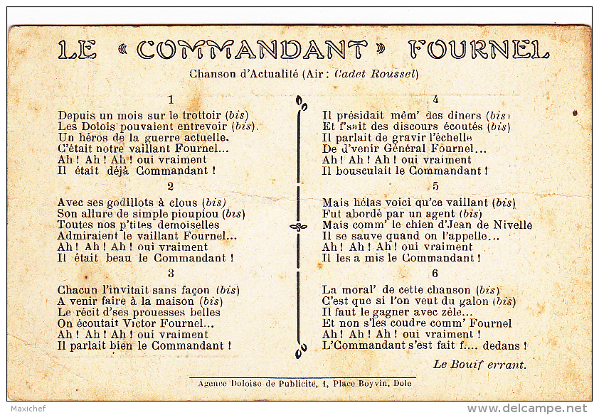 Chanson D'actualité (air: Cadet Roussel) - Le "Commandant" Fournel, Imposteur, Dole (39), Signé "Le Bouif Errant - Musique Et Musiciens