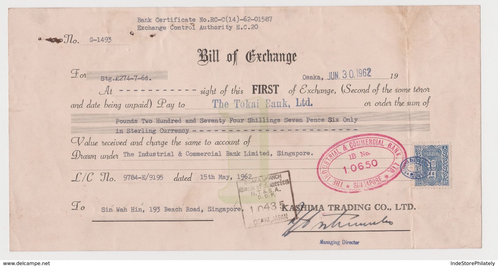 SINGAPORE 1962 Bill Of Exchange, To Tokai Bank, Singapore Malaya Meter Mark (S80) - Bills Of Exchange