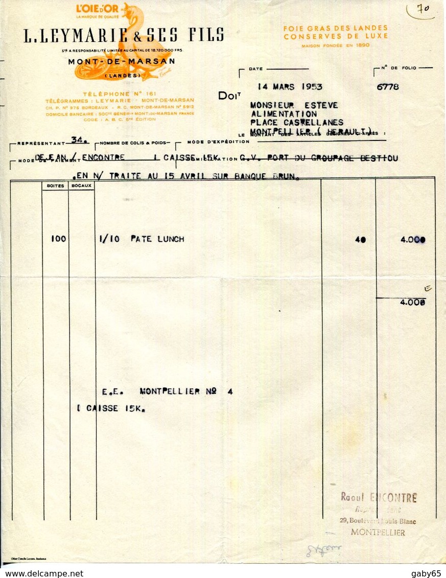 40.LANDES.MONT DE MARSAN.FOIE GRAS DES LANDES.CONSERVES DE LUXE.L.LEYMARIE & SES FILS " L'OIE D'OR " - Alimentare