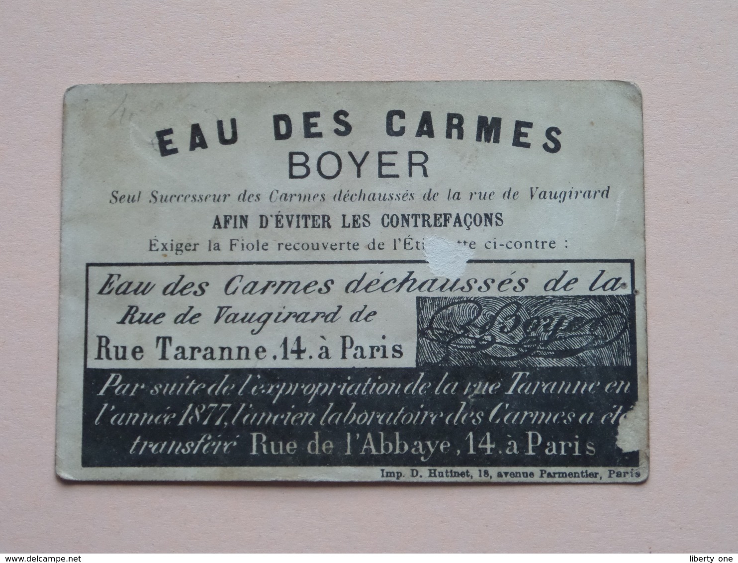 EAU Des CARMES BOYER Rue De L'Abbaye 14 Paris / Contrefaçons ( D. Hutinet) ( Voir Photo ) ! - Werbung