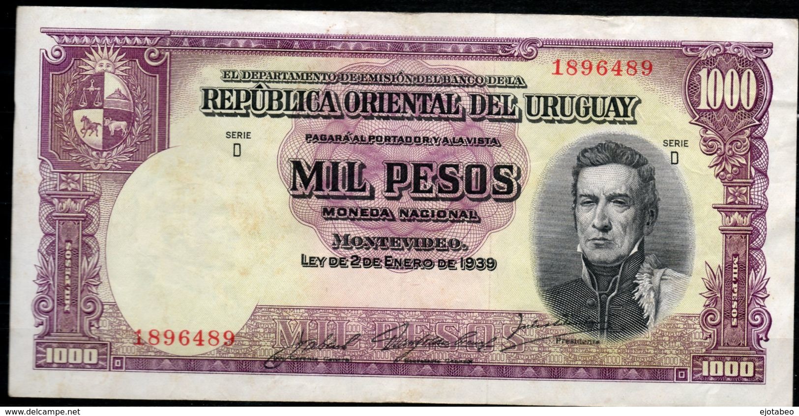 7 URUGUAY -Emitidos Desde 1939 A 1966- Bill. Nº 40-Bco. República O.del Uruguay-1 Bill. De 1000 - Uruguay