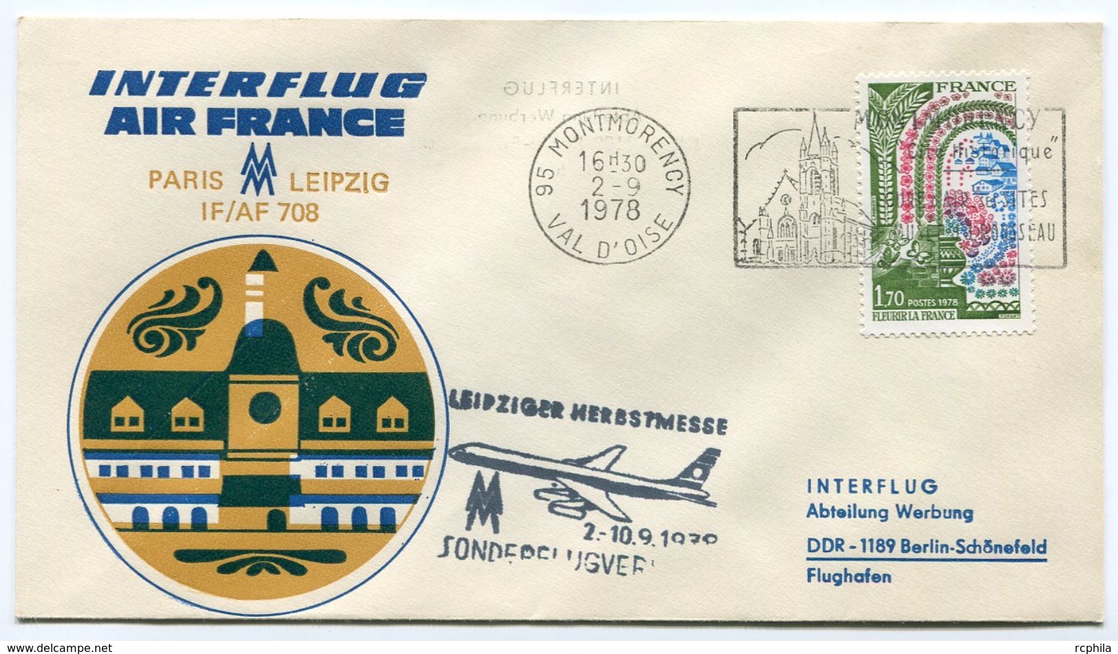 RC 6415 FRANCE 1978 1er VOL AIR FRANCE INTERFLUG PARIS LEIPZIG ALLEMAGNE FFC LETTRE COVER - 1960-.... Briefe & Dokumente