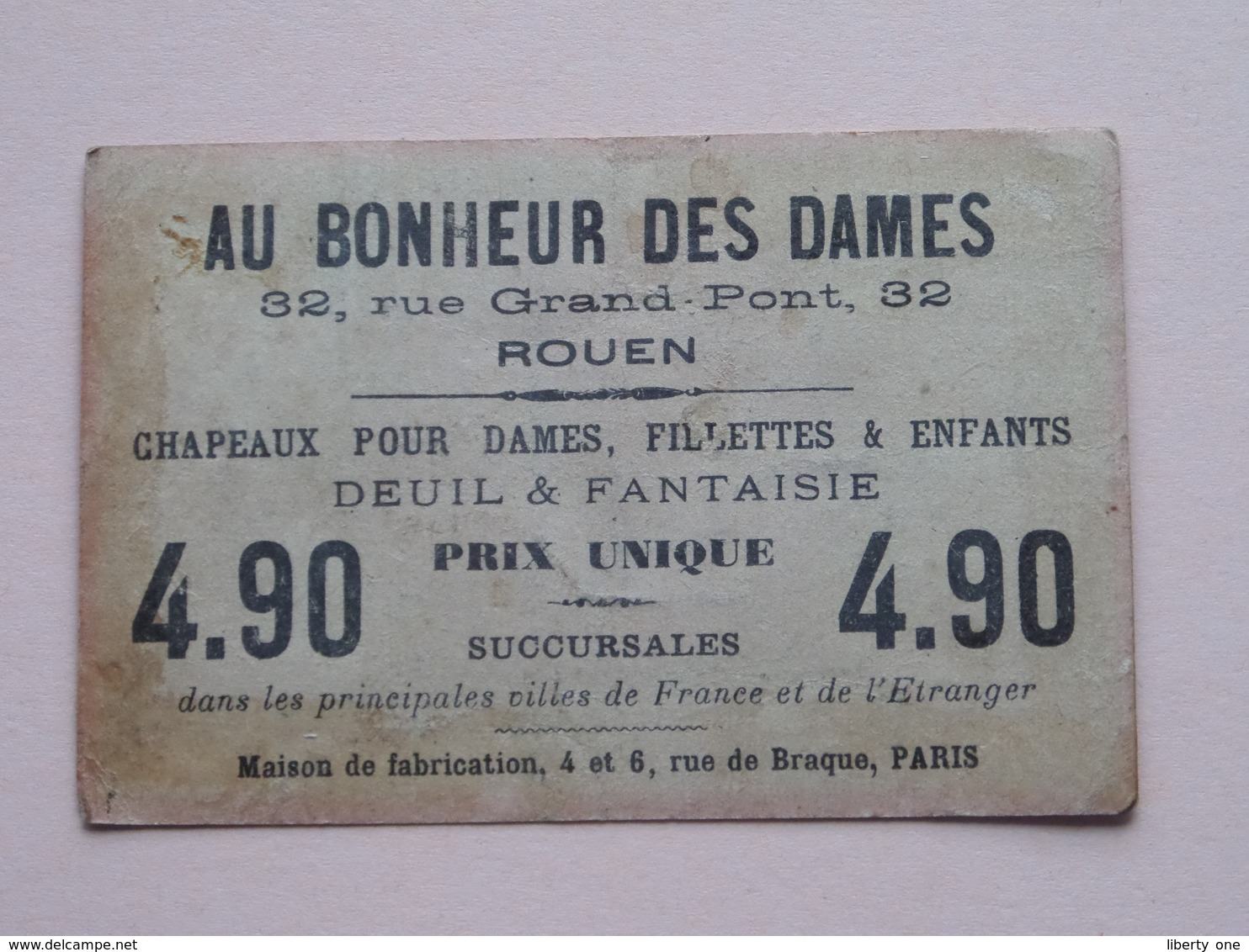 AU BONHEUR Des DAMES Rue Grand Pont 32 ROUEN - Chapeaux Pour Dames ( Voir Photo ) ! - Werbung