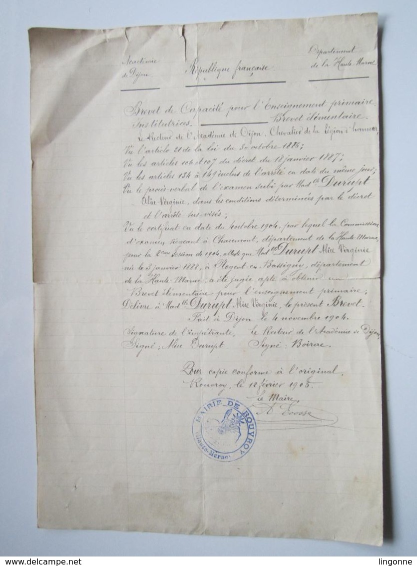 1905 ROUVROY BREVET De Capacité Pour L'enseignement Primaire INSTITUTRICES Brevet élémentaire. DURUPT 1888 Nogent (52) - Diplômes & Bulletins Scolaires