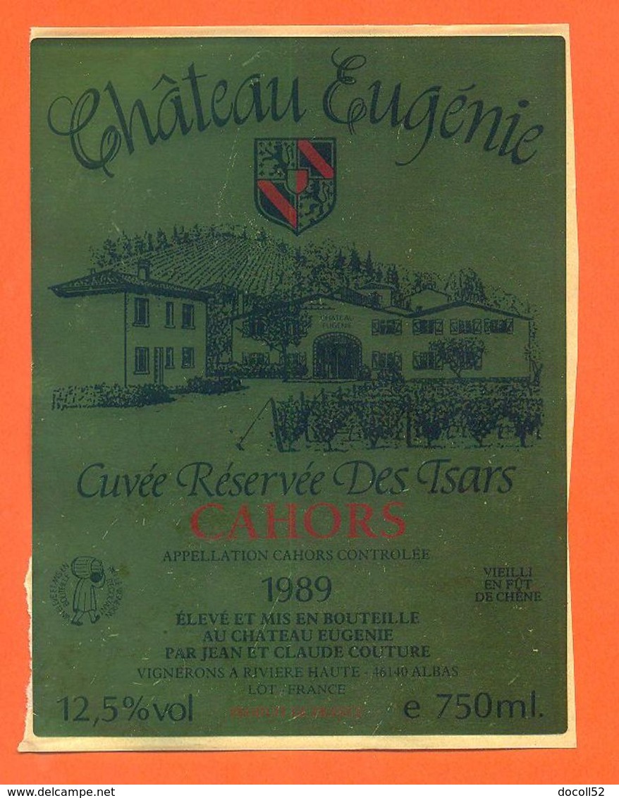 étiquette Vin De Cahors Chateau Eugénie Cuvée Réservée Des Tsars 1989 Jean Et Claude Couture à Rivière Haute - 75 Cl - Cahors