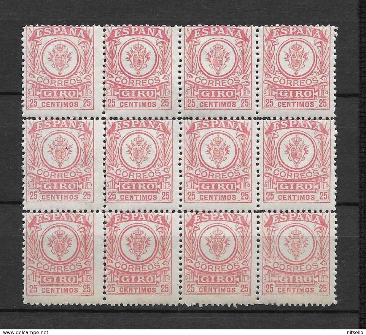 LOTE 1891 E  ///  (C025) ESPAÑA GIRO  EDIFIL Nº 3  BLOQ DE 12  **MNH  *** RARO **** - Revenue Stamps