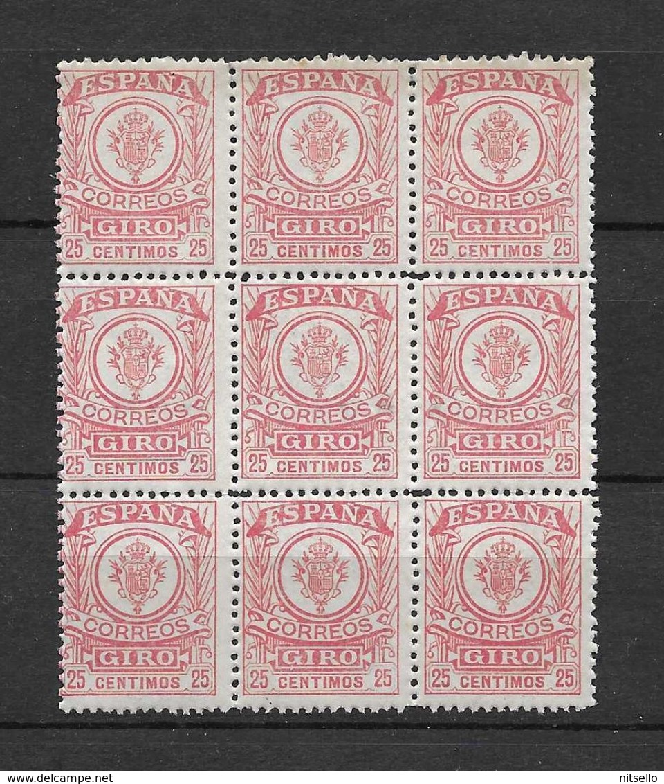 LOTE 1891 D ///  (C025) ESPAÑA GIRO  EDIFIL Nº 3  BLOQ DE 9  **MNH  *** RARO **** - Fiscales