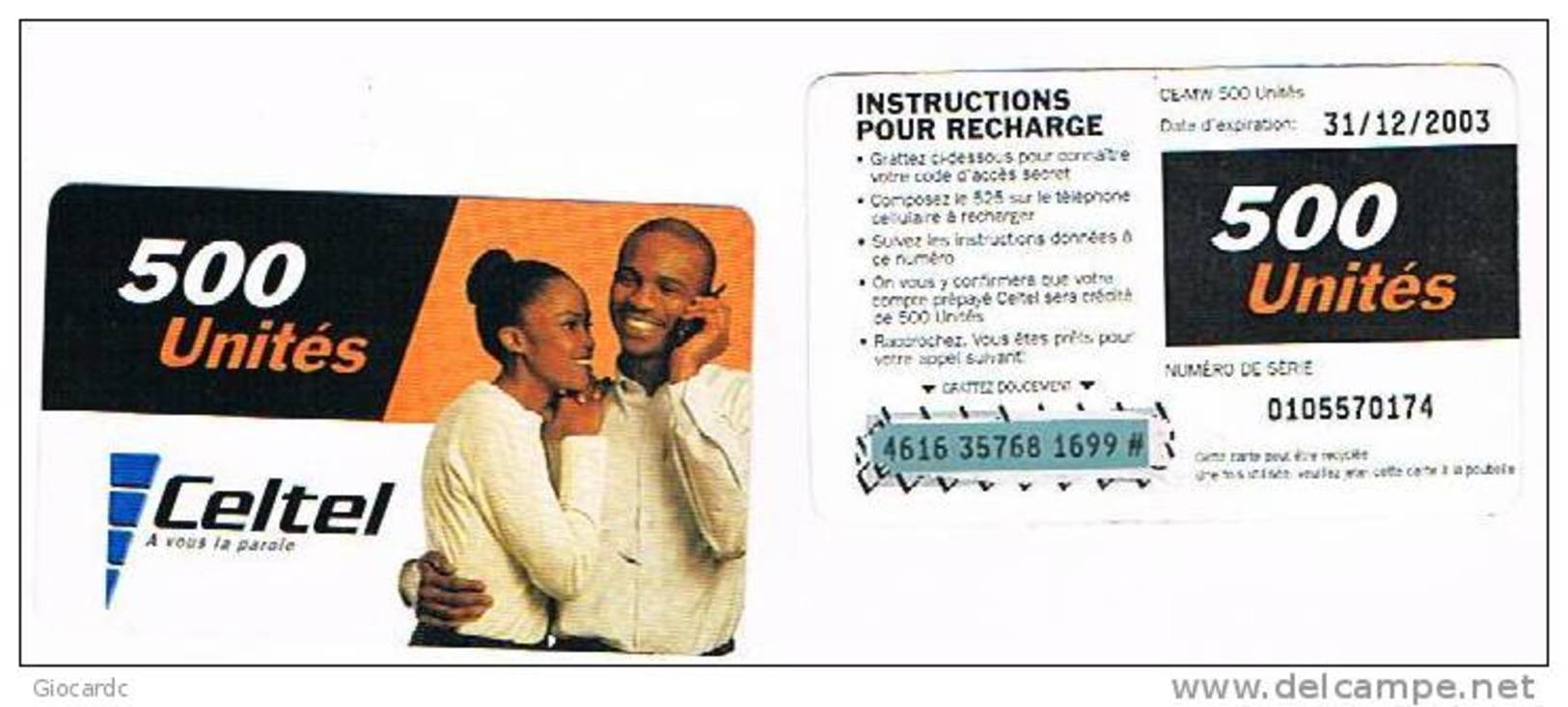 MALAWI   - CELTEL (GSM RECHARGE) - COUPLE  500   EXP. 12.03    - USED  -  RIF. 797 - Malawi