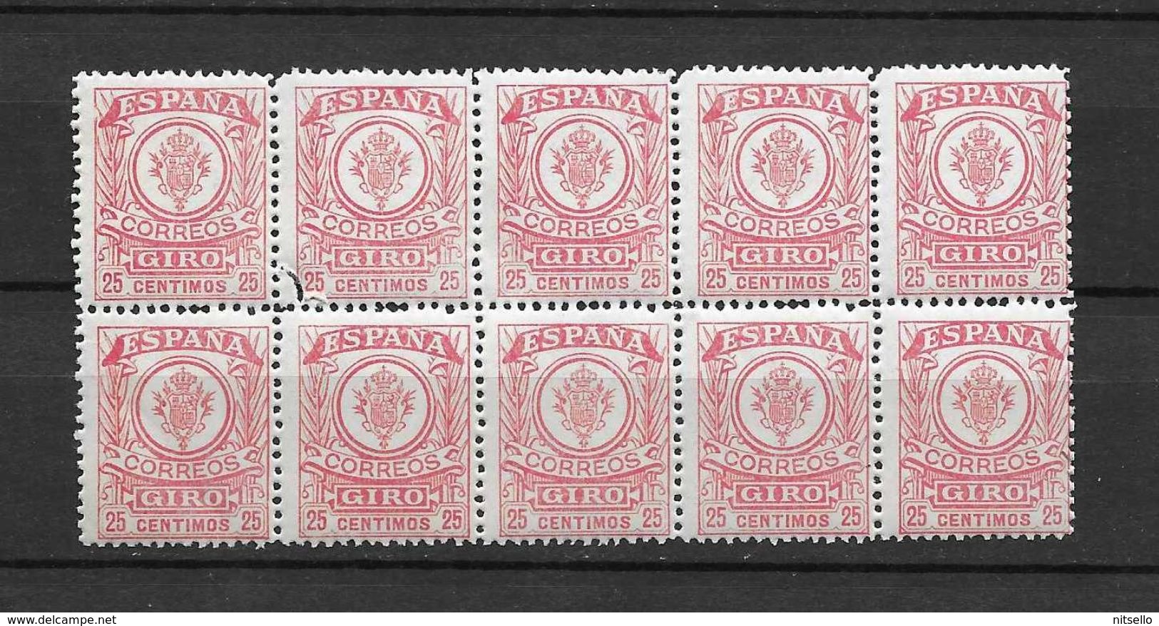 LOTE 1891 E  ///  (C025) ESPAÑA GIRO  EDIFIL Nº 3  BLOQ DE 10  **MNH  *** RARO **** - Revenue Stamps