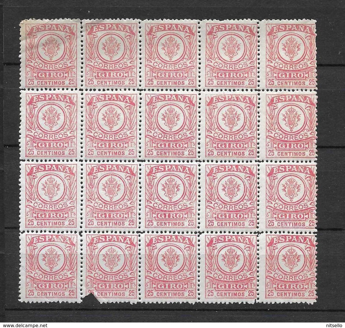 LOTE 1891 E  ///  (C025) ESPAÑA GIRO  EDIFIL Nº 3  BLOQ DE 20 **MNH  *** MUY RARO **** (ALGUN SELLO DETERIORADO) - Fiscale Zegels