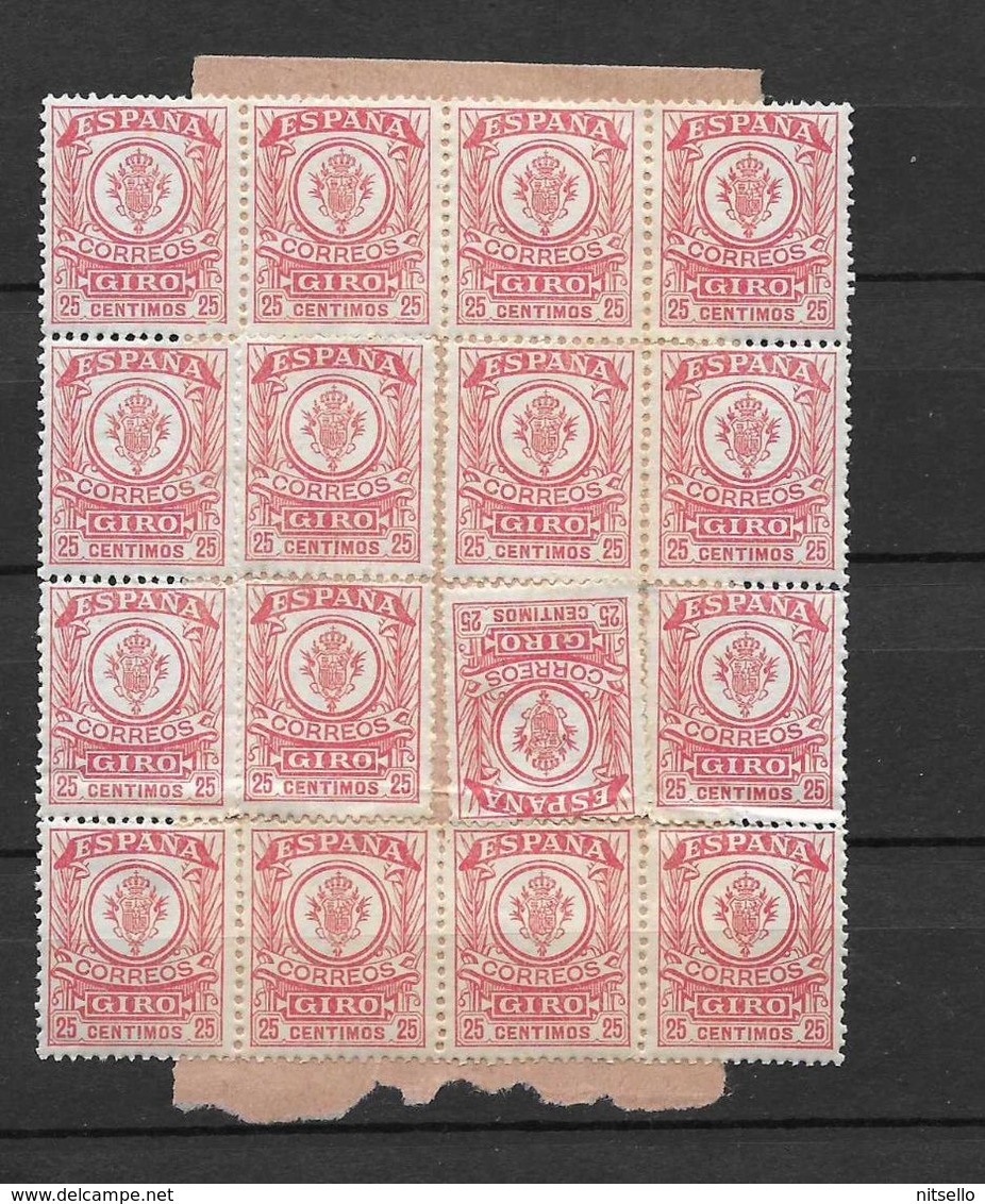 LOTE 1891 E  ///  (C025) ESPAÑA GIRO  EDIFIL Nº 3  BLOQ DE 16  PEGADOS A HOJA - Fiscaux