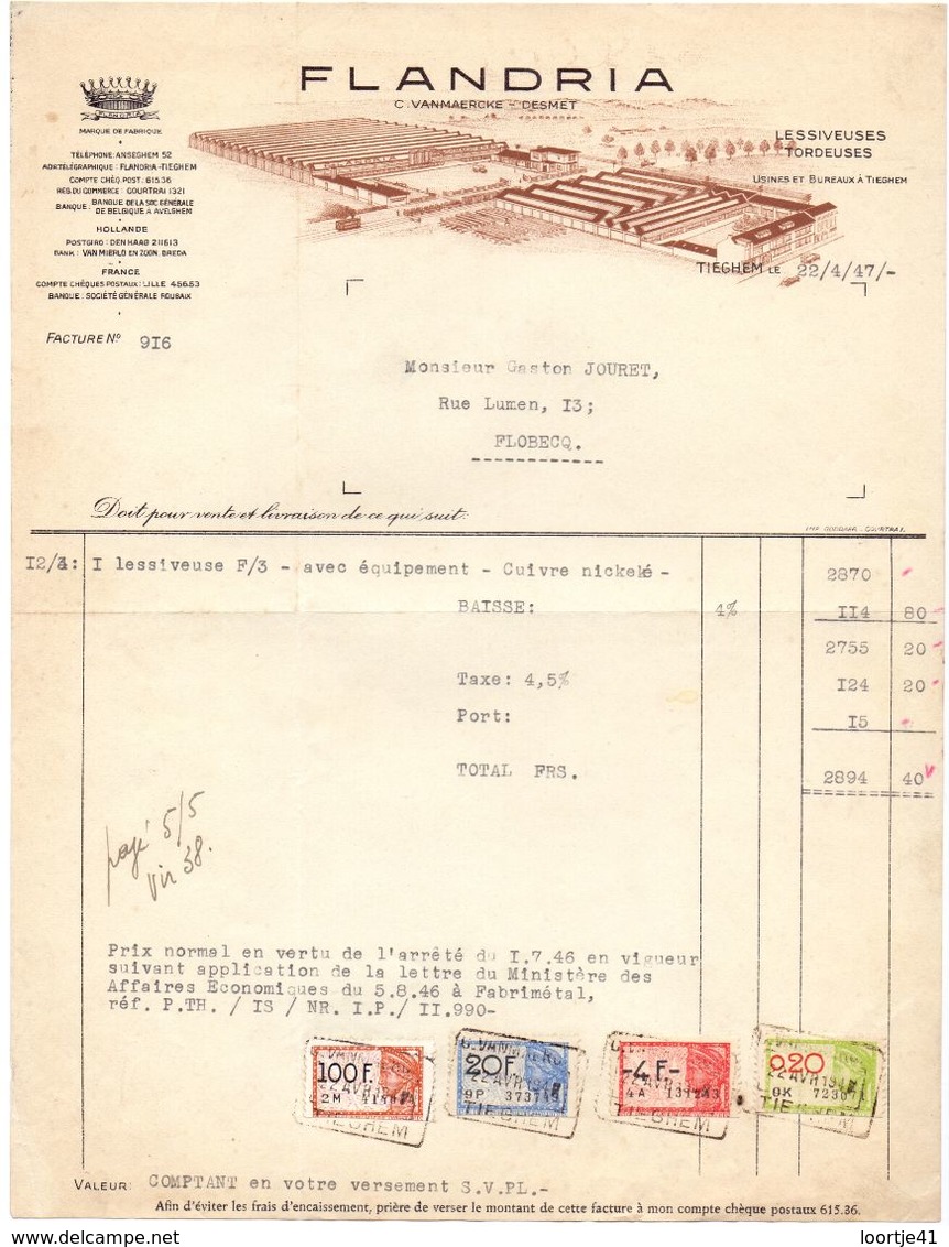 Factuur Facture - Machines Agricoles Flandria - Vanmaercke - Desmet - Tiegem 1947 - Andere & Zonder Classificatie