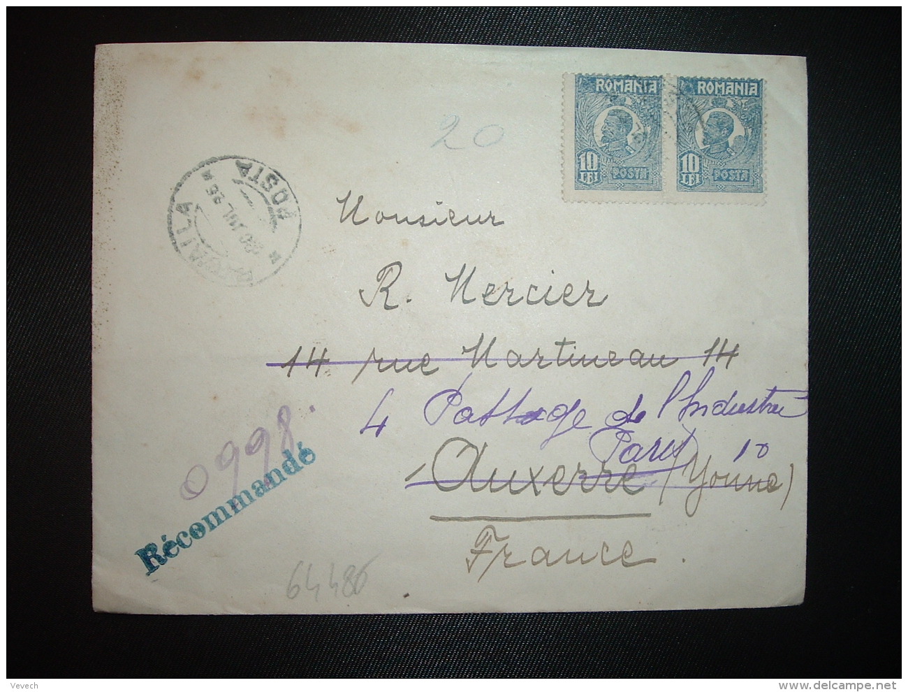 LR Pour La FRANCE TP 10 L Paire OBL.20 JUL 26 BRAILA - Covers & Documents