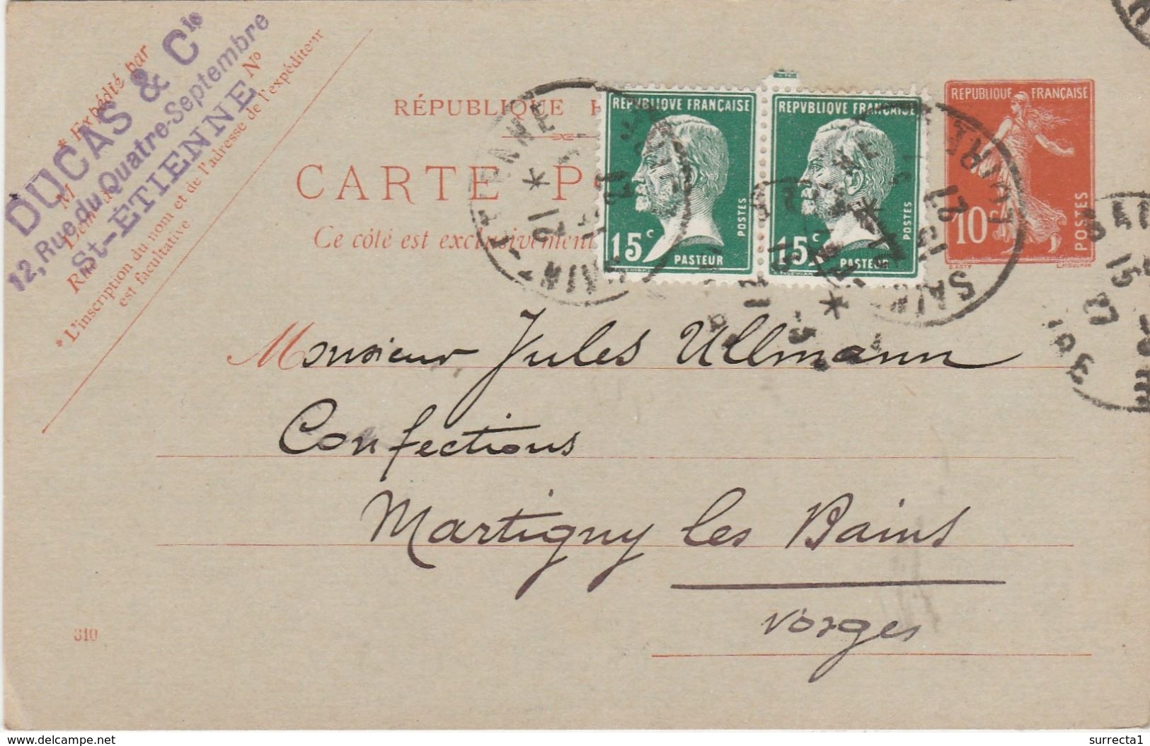 Carte Commerciale 1927 / DUCAS & Cie / Confection / 42 Saint Etienne Loire / Entier + Complément Pasteur - Standard- Und TSC-Briefe (vor 1995)