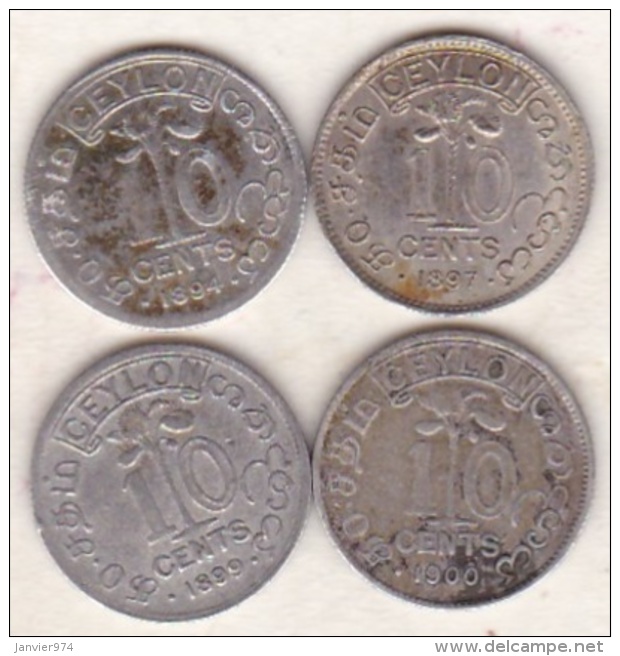 Ceylon 4 Coins 10 Cents 1894 , 1897 , 1899 , 1900 . Victoria. Argent.  KM# 94 - Sri Lanka