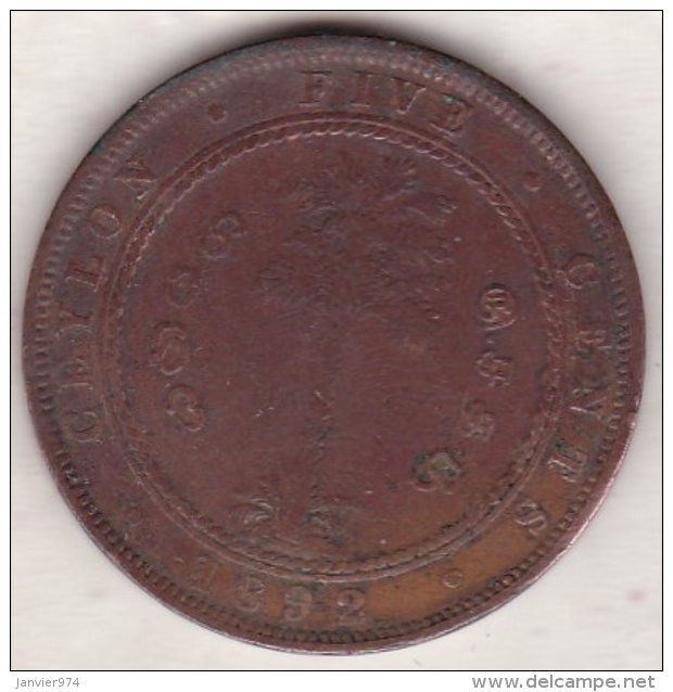 Ceylon . 5 Cents 1892. Victoria. Copper.  KM# 93 - Sri Lanka