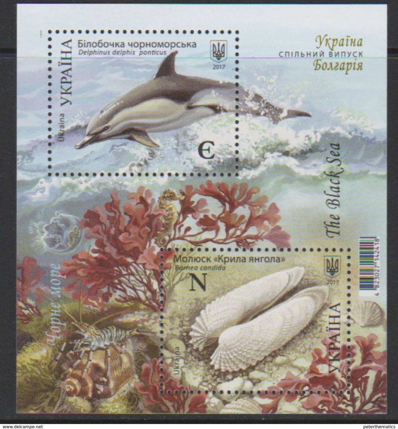 UKRAINE, 2017, MNH, MARINE LIFE, JOINT ISSUE WITH BULGARIA, DOLPHINS, SHELLS, S/SHEET - Dolphins