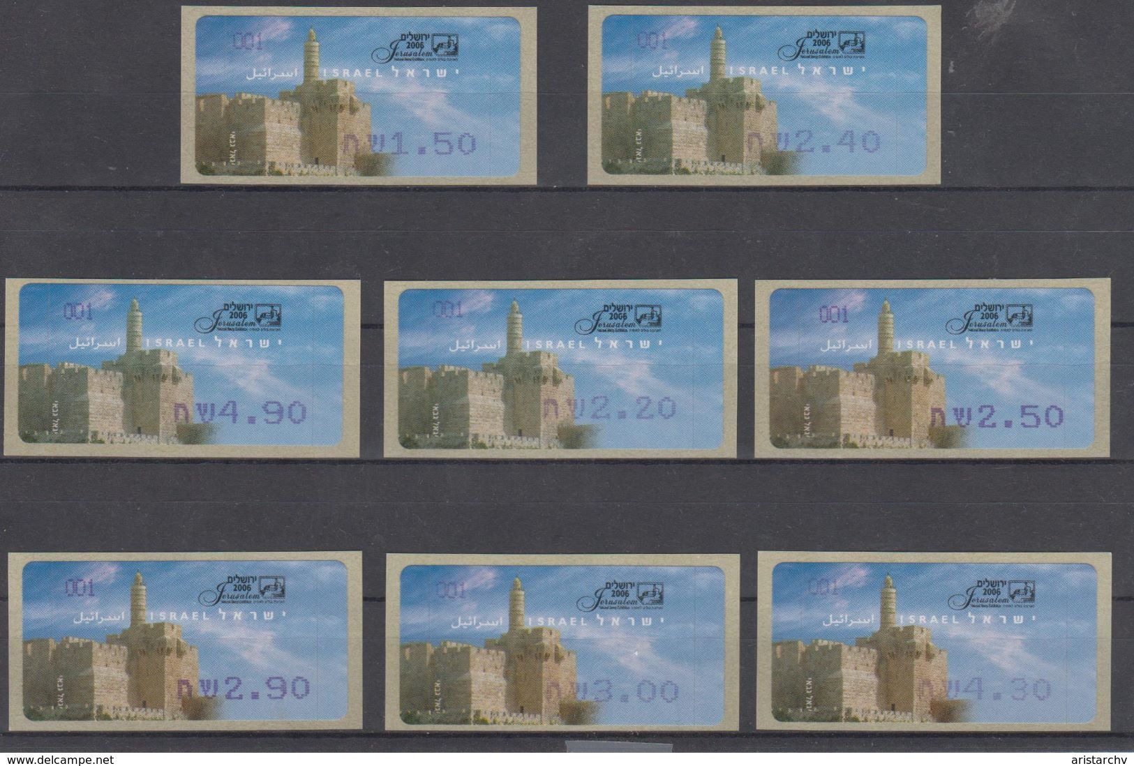 ISRAEL 2006 ATM KLUSSENDORF JERUSALEM NATIONAL STAMP EXHIBITION LIBERTY STATUE FULL SET OF 8 STAMPS - Franking Labels