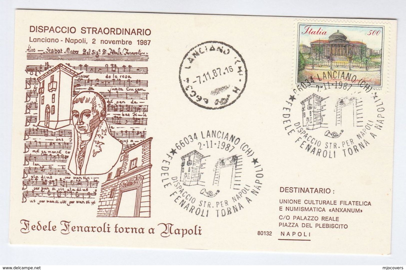 1987 Italy FENAROLI   EVENT COVER Postcard Stamps Music Laciano - 1981-90: Marcophilia