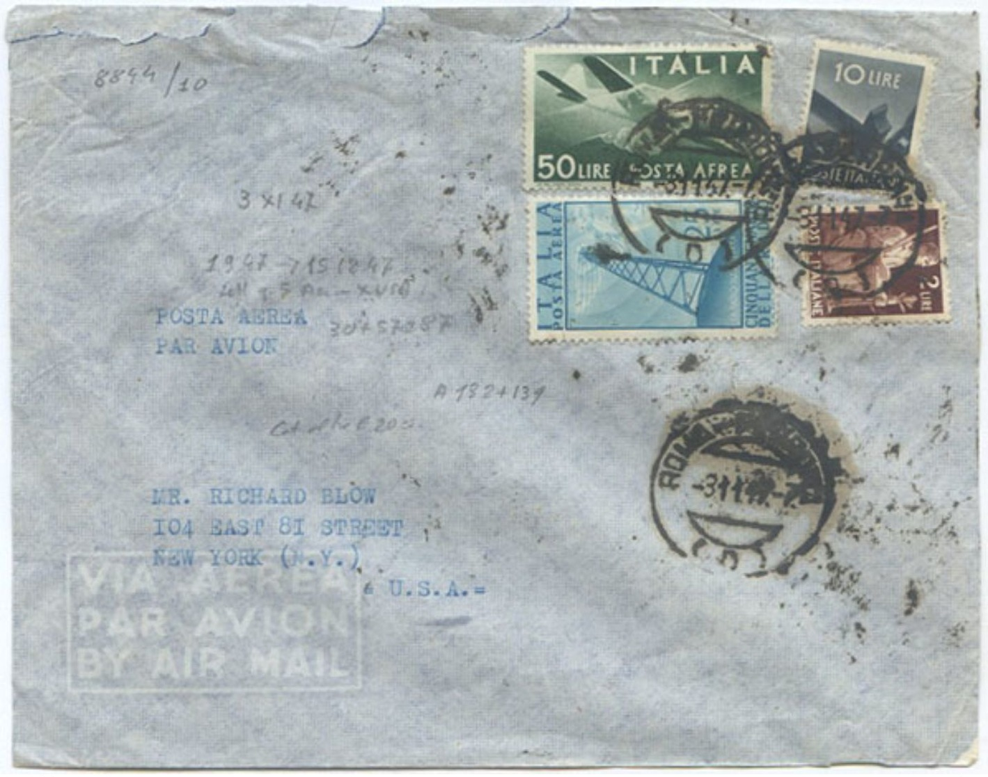 1947 DEM. 2+10+AER 50 + RADIO L. 25 PERFETTI BUSTA 3.11.47 X USA LETT. AEREA 1° (30+57) RARA TARIFFA…LEGGI DESCRIZIONE - 1946-60: Poststempel