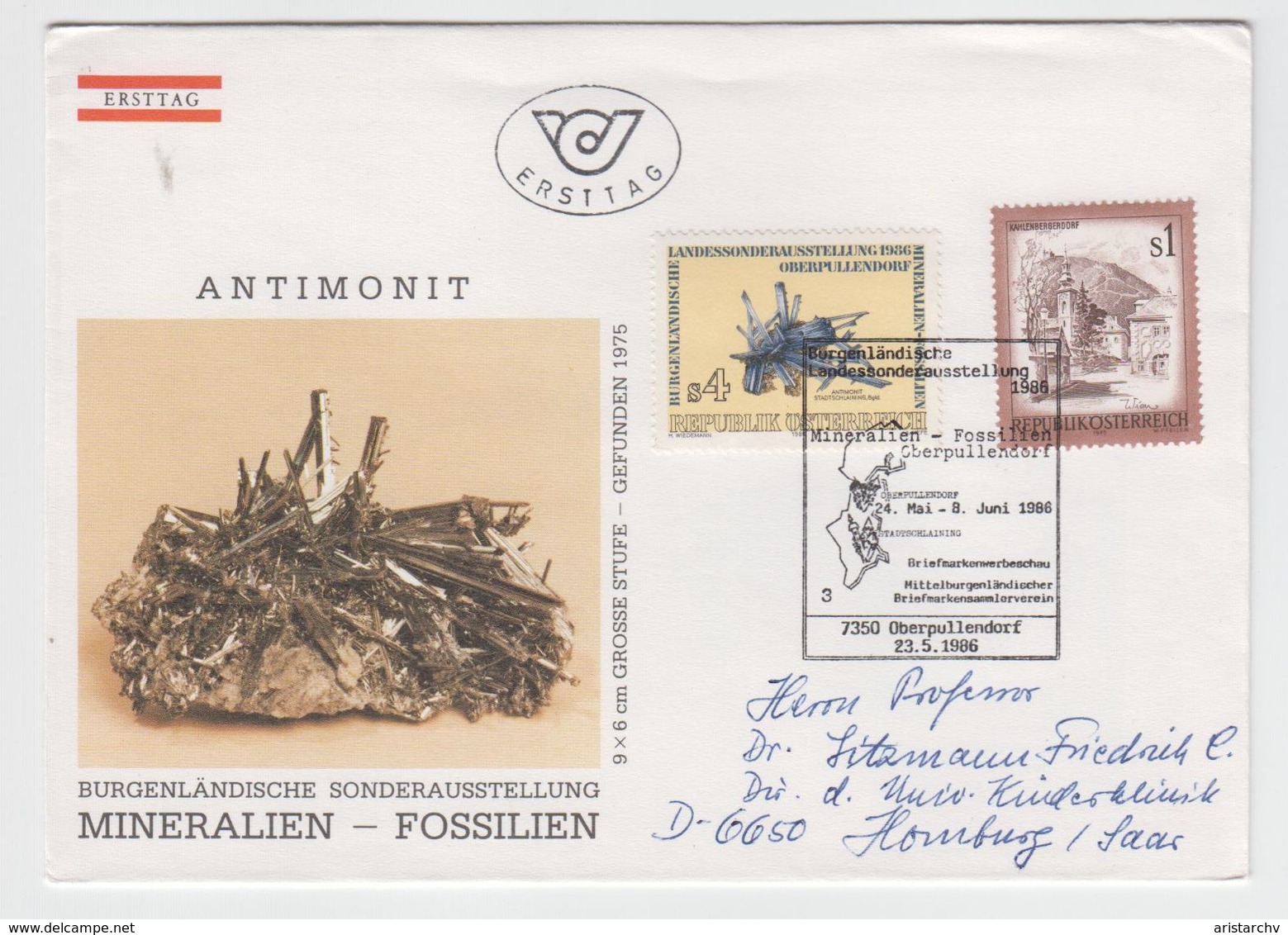 AUSTRIA 1986 MINERAL FOSSIL ANTIMONIT MAP CIRCULATED FDC - Minerals