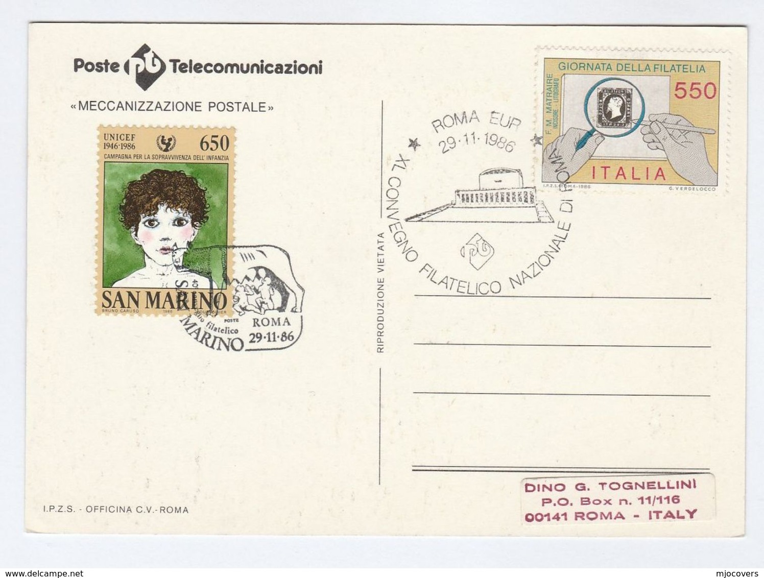 1986 San Morino / Italy PHILATELIC EXHIBITION STAMP ON STAMPS EVENT COVER Stamps Postcard - Stamps On Stamps