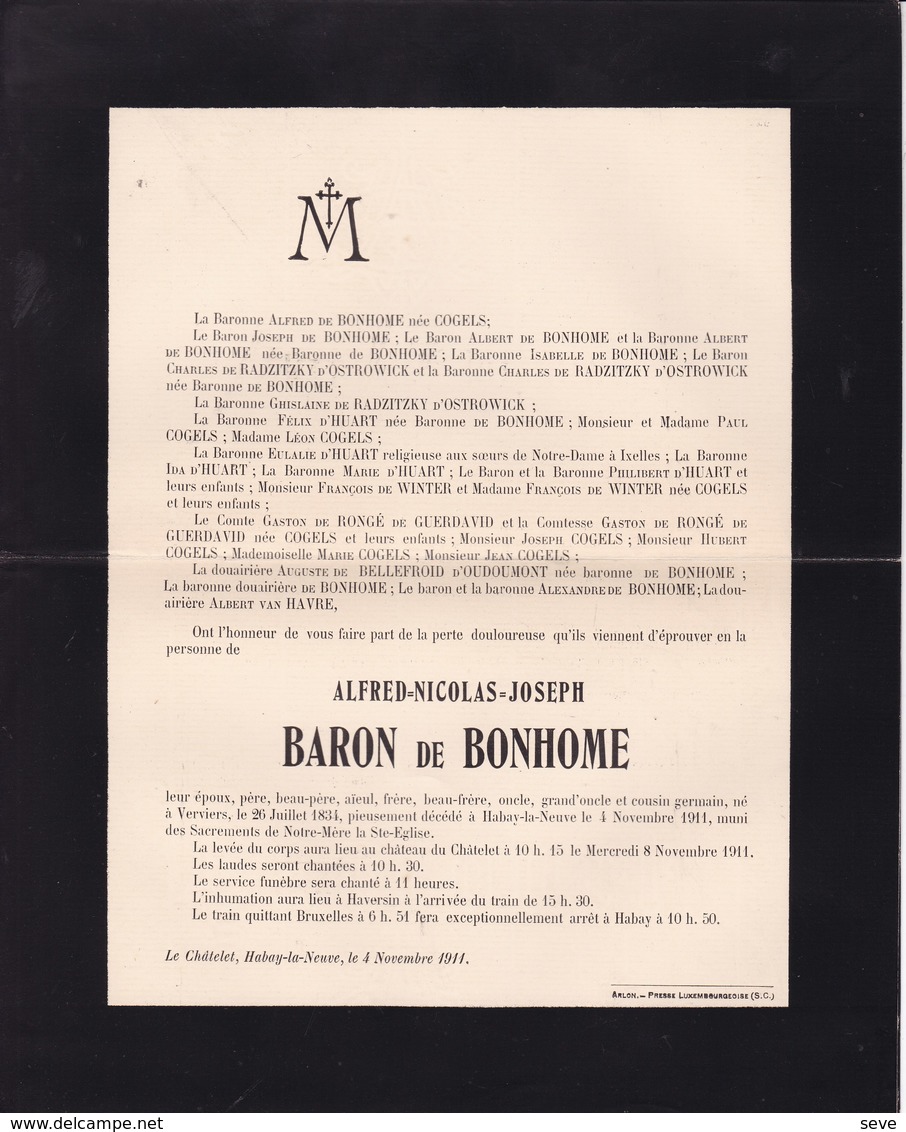 HABAY-LA-NEUVE Alfred Baron De BONHOME Verviers 1831 Habay 1911 Famille COGELS De RADZITZKY - Obituary Notices
