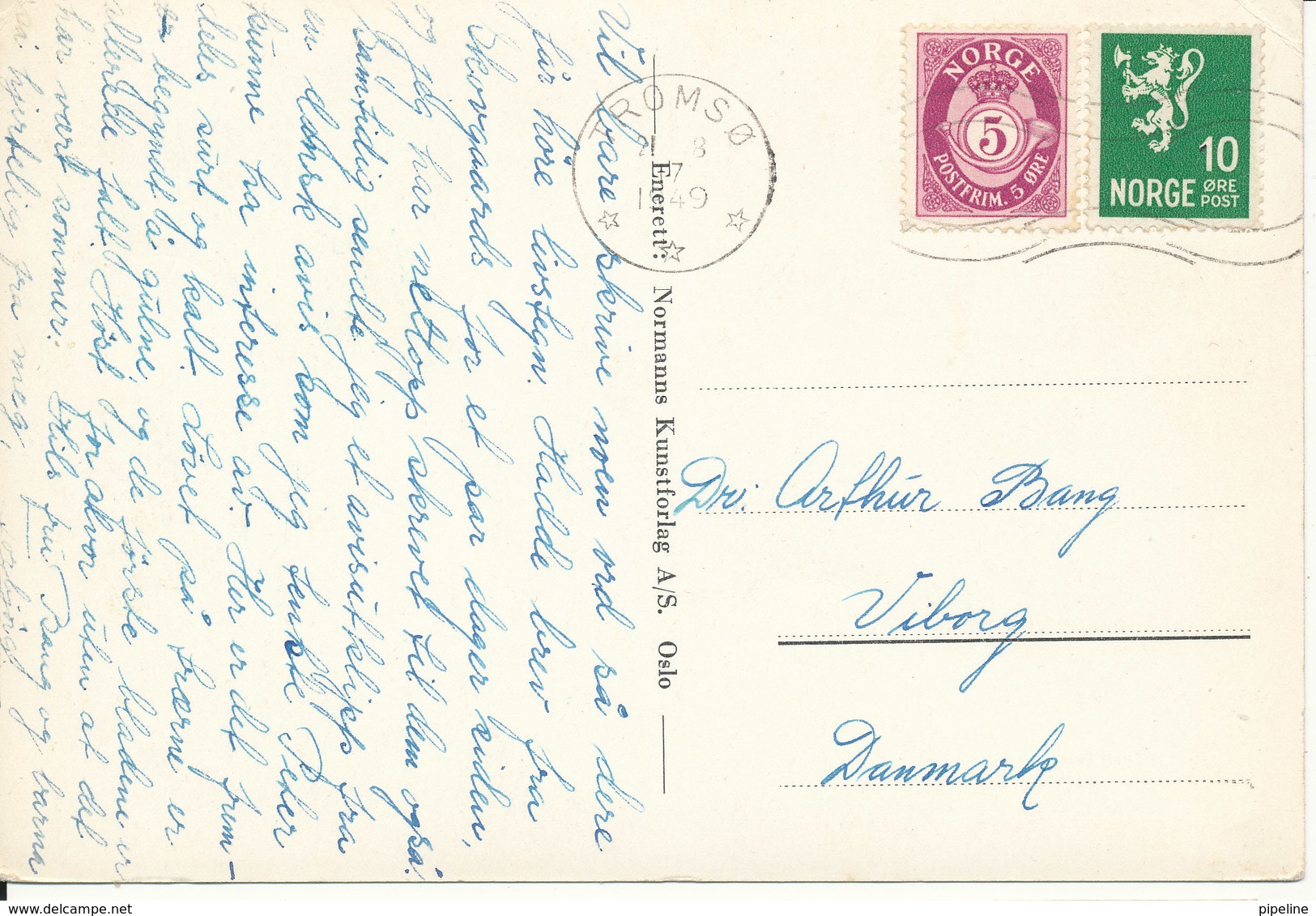 Norway Postcard Sent To Denmark Tromsø 21-8-1949 (Hammerfest The Northernmost City Of The World) 1 Weak Corner - Norvège