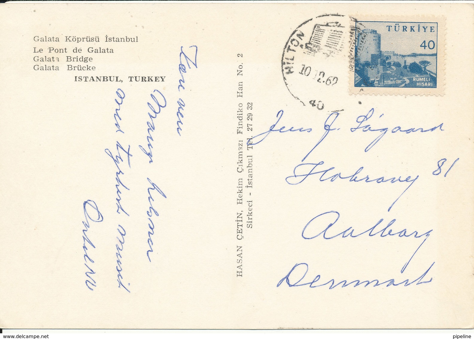 Turkey Postcard Sent To Denmark 10-12-1962 (Galata Bridge) - Turkey