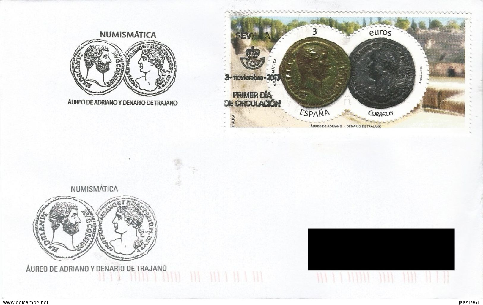 SPAIN. FDC NUMISMATICS. AUREO DE ADRIANO AND DENARIO DE TRAJANA. SEVILLA 2017 - FDC