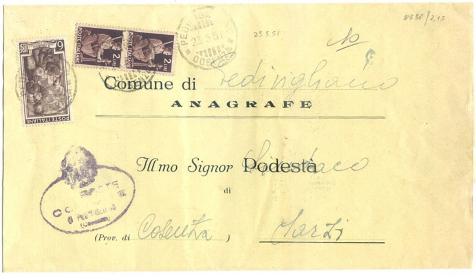 1951 DEMOCR. L. 2 COPPIA + LAVORO L. 6 PIEGO TARIFFA RIDOTTA 23.5.51 PIEDIVIGLIANO BELLA MISTA MONOCROMA (8856) - 1946-60: Storia Postale