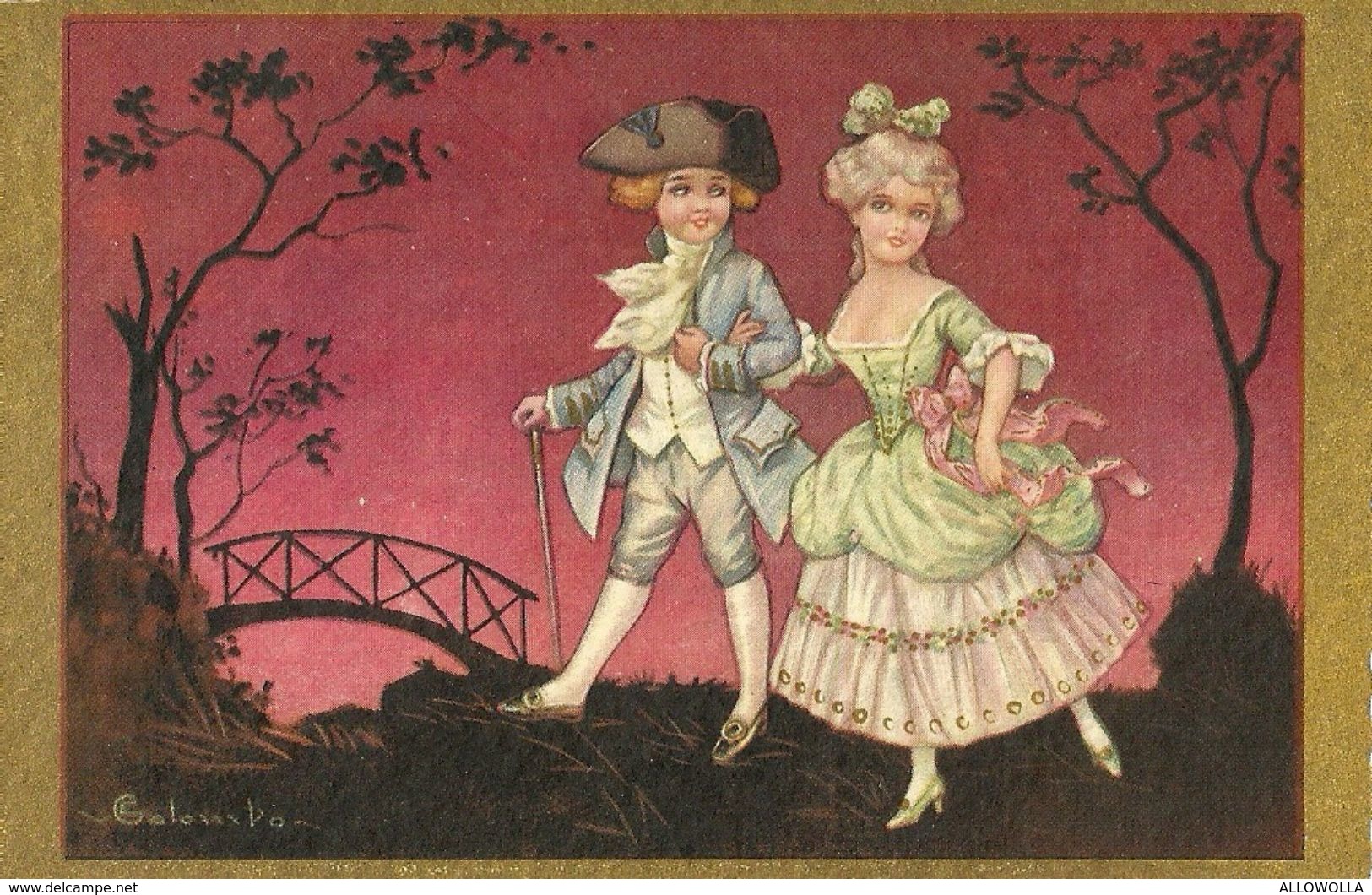 393 - "BAMBINI IN COSTUME"  -  CARTOLINA ORIGINALE ILLUSTRATA DEL 1932 CON CORNICE DORATA- NON SPEDITA - Colombo, E.