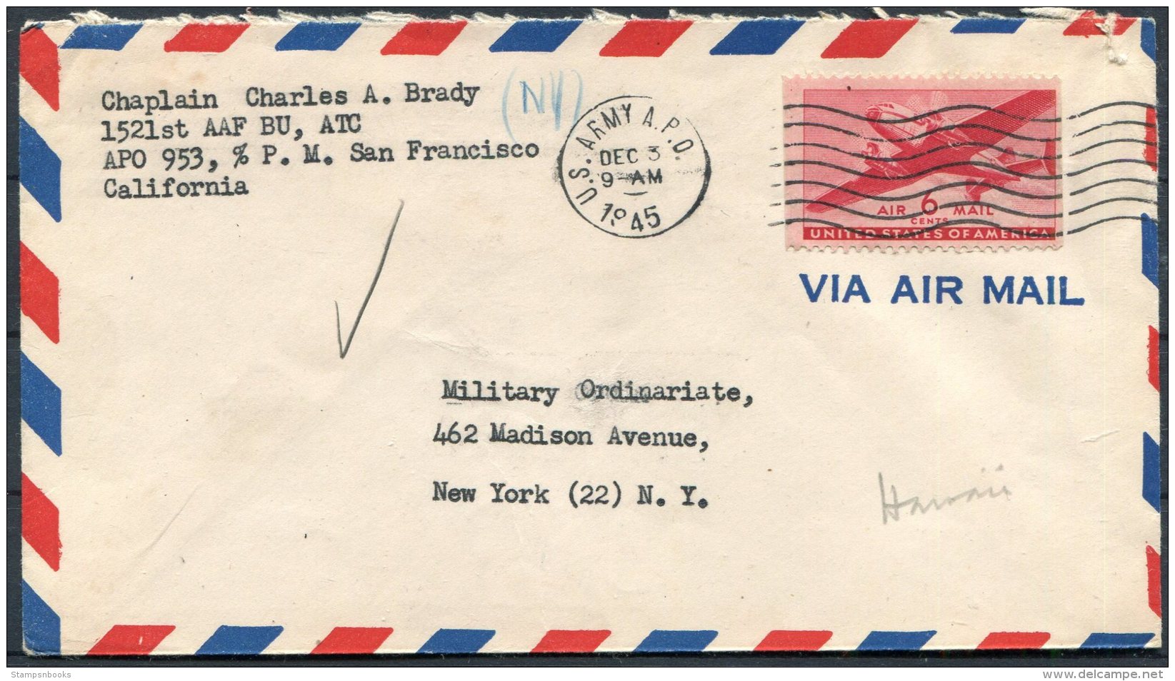 1945 USA Hawaii APO 953 US Army Airmail Cover - Militay Ordinariate, New York - Hawaï