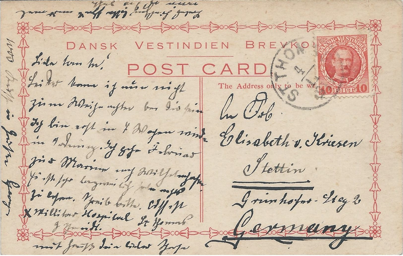 Danish West Indies, Scott #44 On Postcard Of Blackbeard's Castle, Sent From St. Thomas To Germany, Very Fine - Danish West Indies
