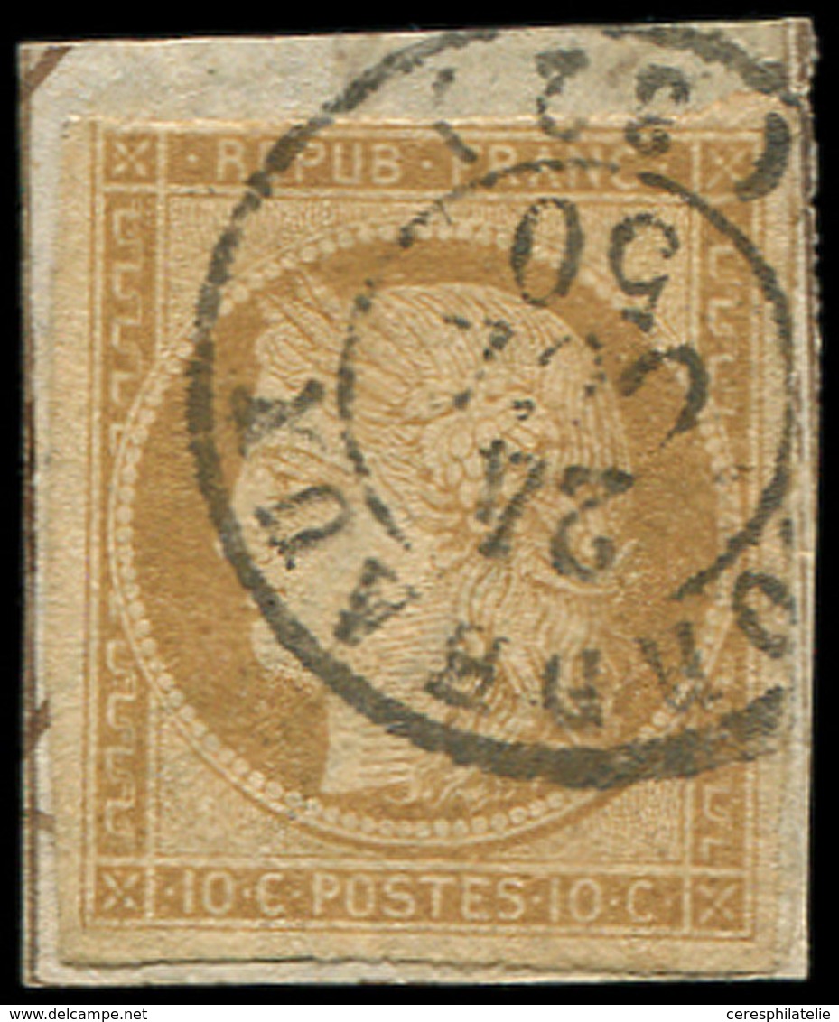 EMISSION DE 1849 1    10c. Bistre-jaune, Filet Supérieur Coupé Dans Un Angle, Obl. Càd T15 BORDEAUX 24/10/50 Sur Petit F - 1849-1850 Ceres