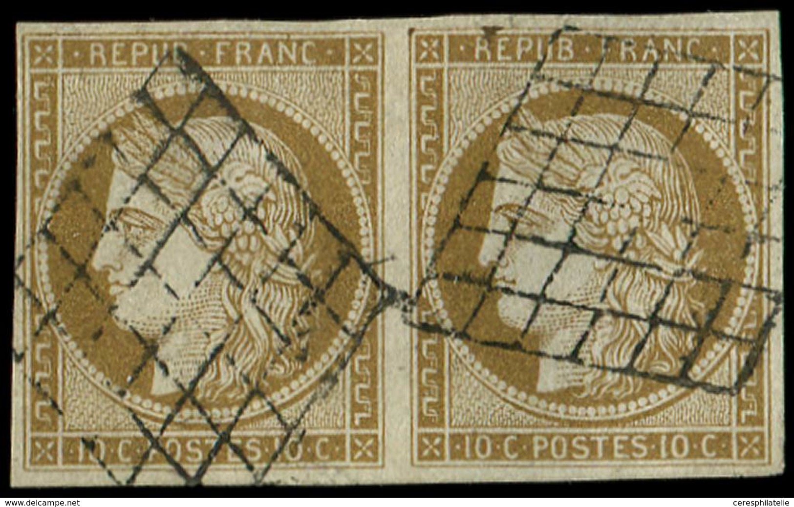 EMISSION DE 1849 1b   10c. Bistre VERDATRE, PAIRE Obl. GRILLE, TTB, Cote Maury - 1849-1850 Cérès