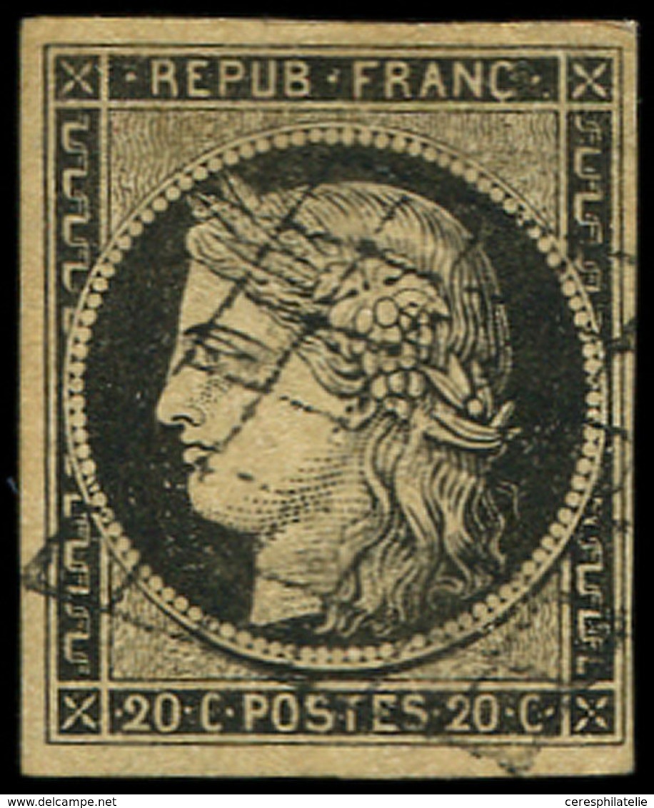 EMISSION DE 1849 3    20c. Noir Sur Jaune, Obl. GRILLE, Frappe Légère, TB - 1849-1850 Ceres