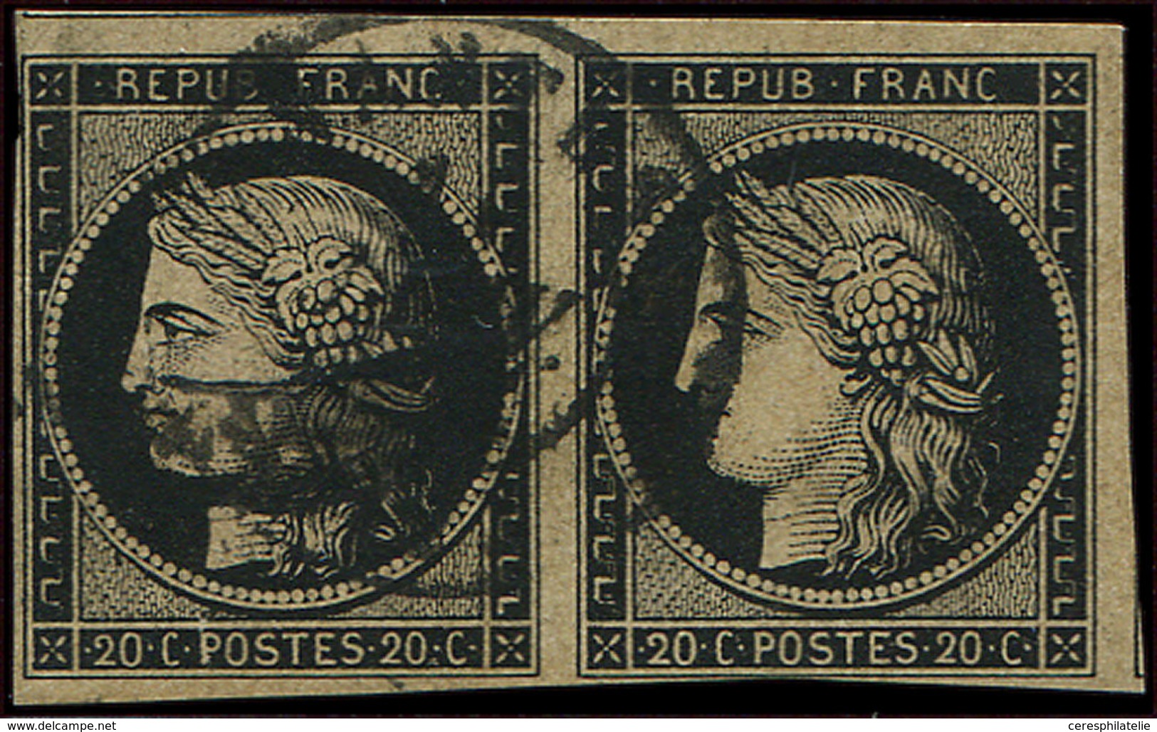 EMISSION DE 1849 3    20c. Noir Sur Jaune, PAIRE, 2 Marges Fines (filets Intacts), Obl. Càd T15 NANTES 10/1/49, TB. S - 1849-1850 Ceres