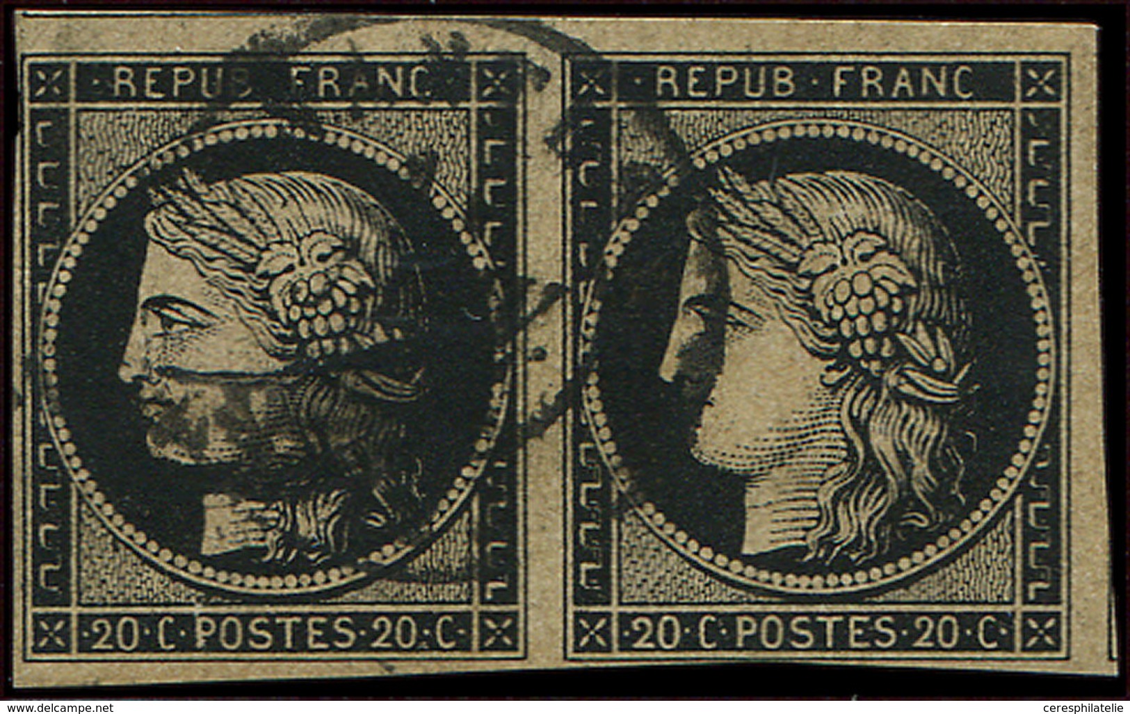 EMISSION DE 1849 3    20c. Noir Sur Jaune, PAIRE, 2 Marges Fines (filets Intacts), Obl. Càd T15 NANTES 10/1/49, TB. S - 1849-1850 Cérès