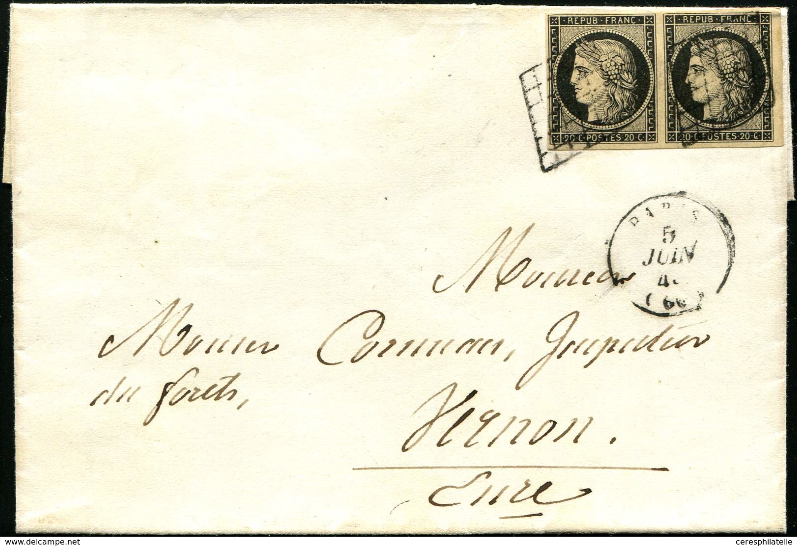 Let EMISSION DE 1849 3    20c. Noir Sur Jaune, PAIRE Obl. GRILLE S. LSC, Càd PARIS 5/6/49, TB - 1849-1850 Cérès