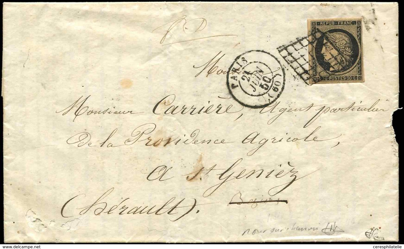 Let EMISSION DE 1849 3b   20c. Noir Sur CHAMOIS, Obl. GRILLE S. LAC, Càd T15 PARIS 21/6/50, TTB, Nuance Certifiée JF Bru - 1849-1850 Cérès
